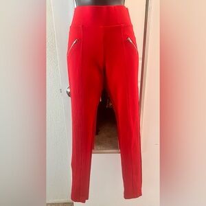 Stylish Pull Up Red Women's Pants Size Small with Faux Pocket Zipper Detail